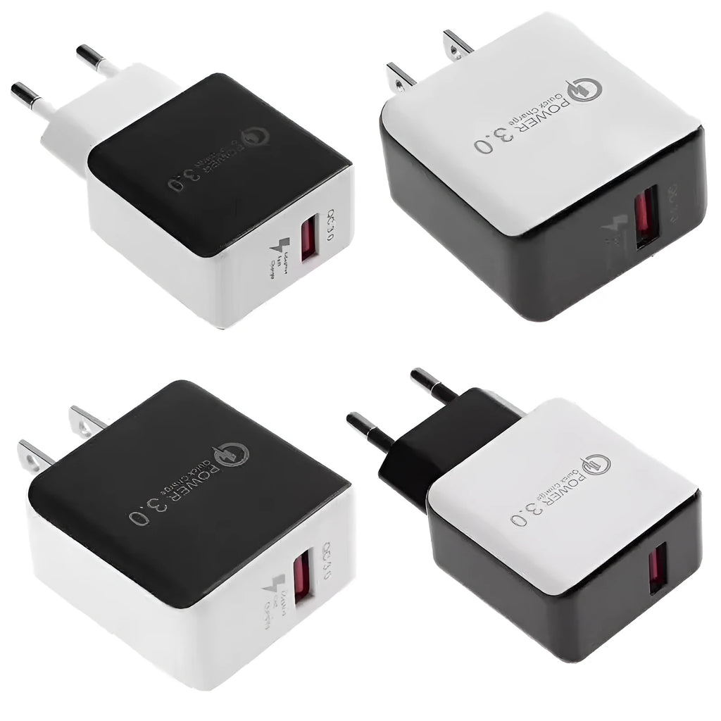 QC30 5V3A USB charger head with bare metal finish, black American standard plug, single USB port