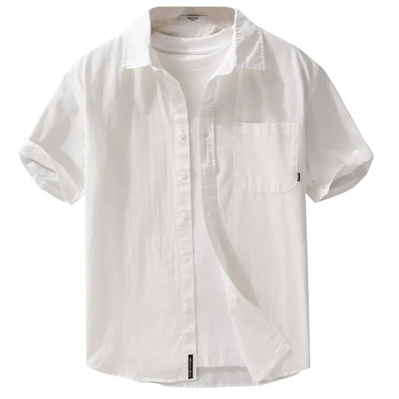 Man wearing a loose fit light blue pure cotton short sleeve button-up shirt