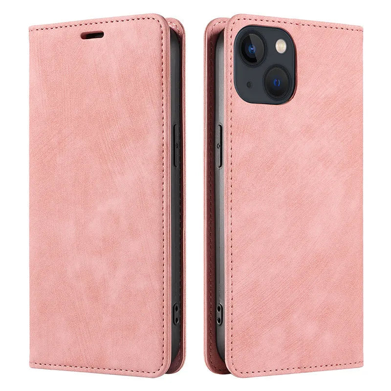 Black magnetic leather flip phone case for iPhone shown closed and open, displaying interior TPU shell and precise port cutouts.