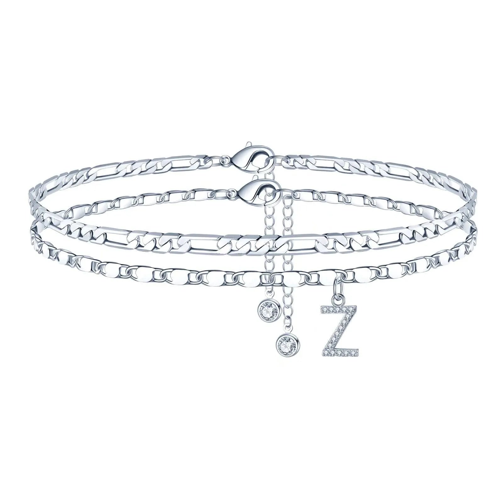 Silver colour copper anklet with double-circle design and text bead elements on ankle