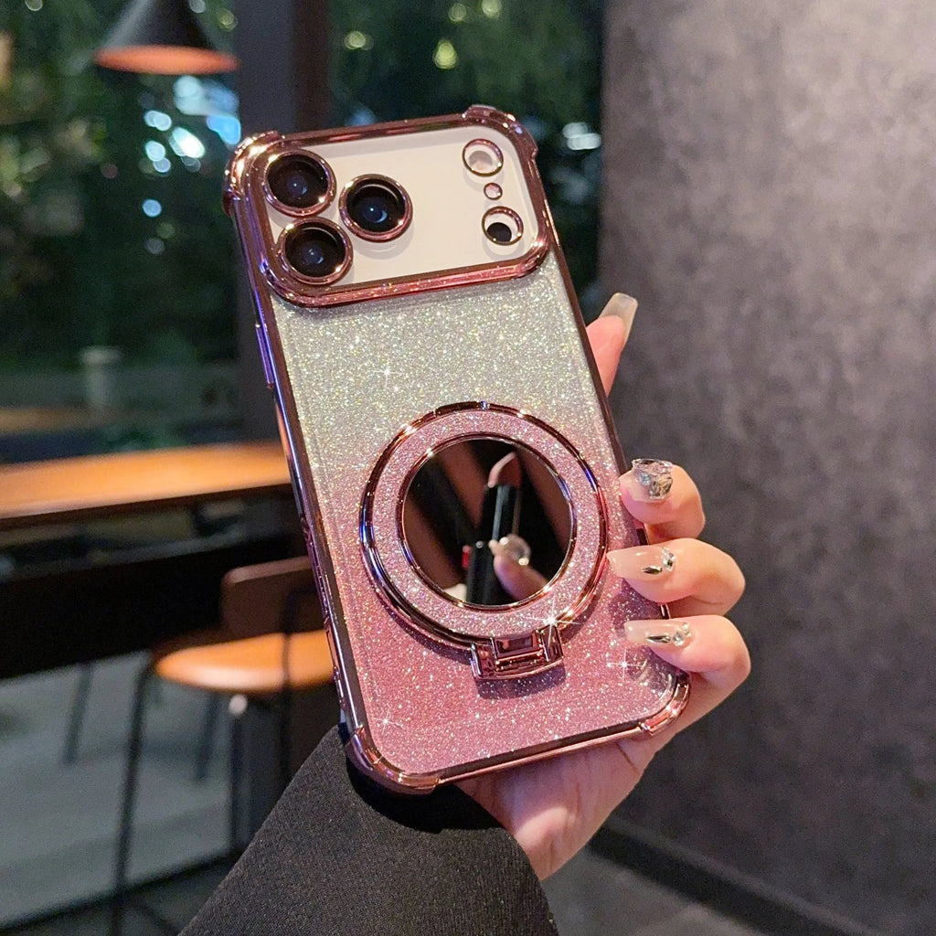 Glitter mirror magnetic bracket TPU phone case for iPhone 17 series in multiple colours showing reflective gradient finish