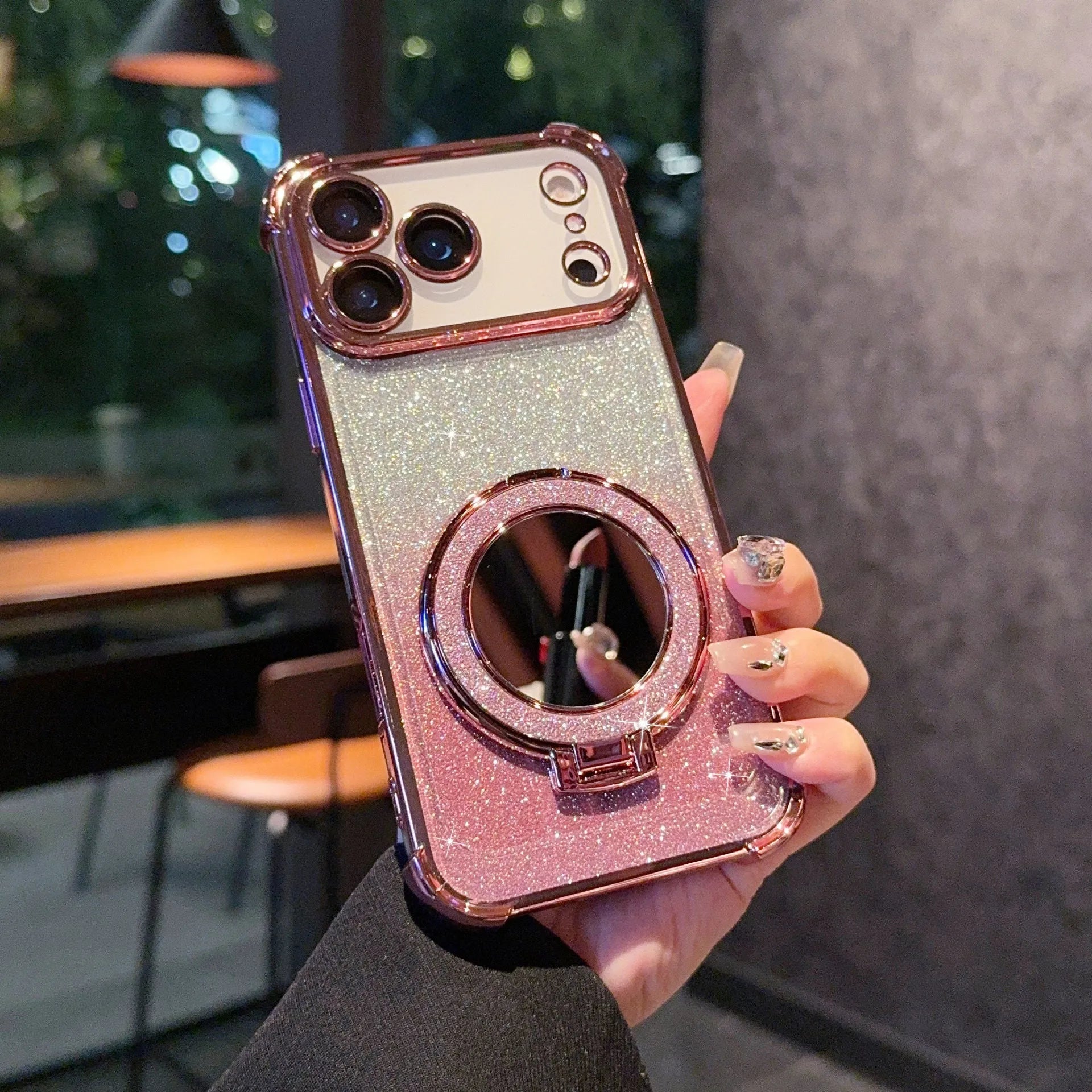 Glitter mirror magnetic bracket TPU phone case for iPhone 17 series in multiple colours showing reflective gradient finish