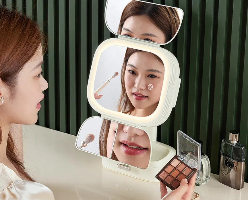 Foldable LED desktop cosmetic mirror with plastic frame, 17.5x11x36cm, in beige