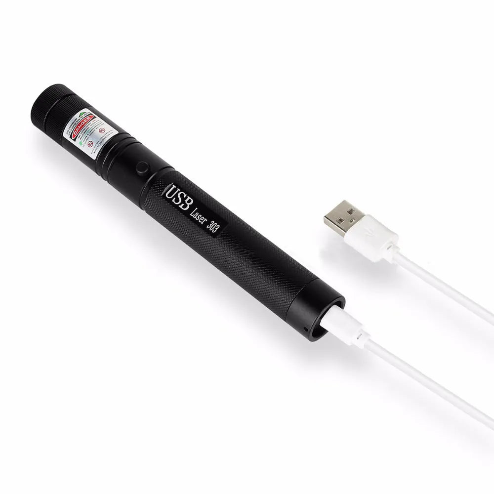 USB rechargeable laser torch in black anodised aluminium, showing touch switch and focusing ring