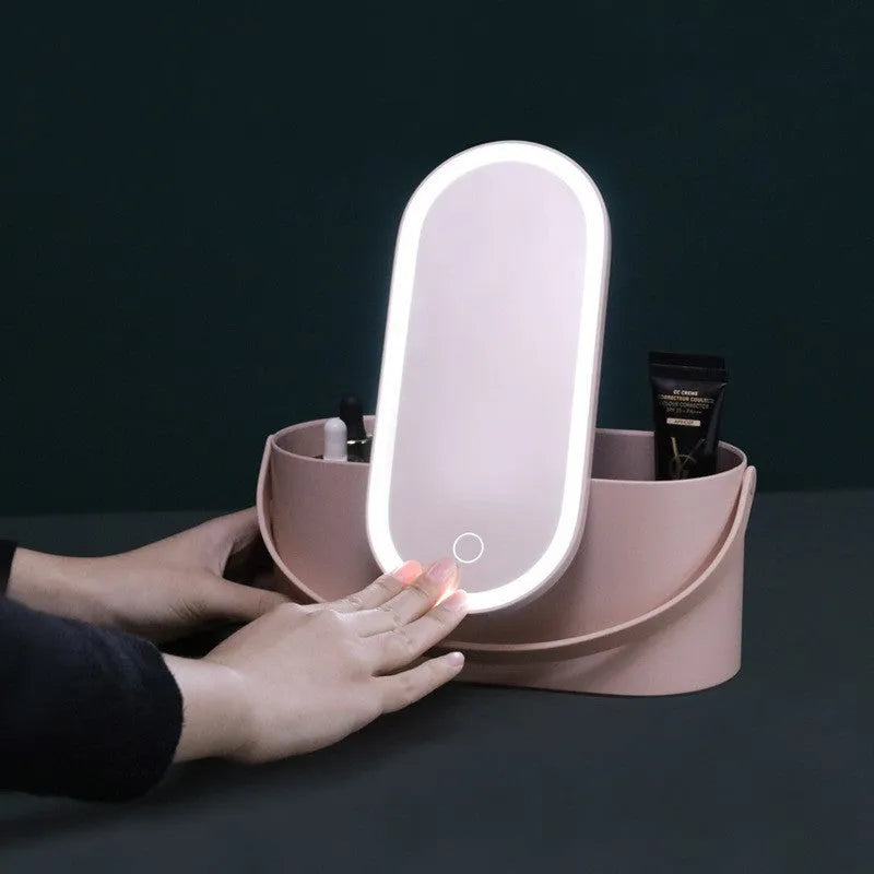 Portable pink beauty mirror with storage box and aluminium mirror lens