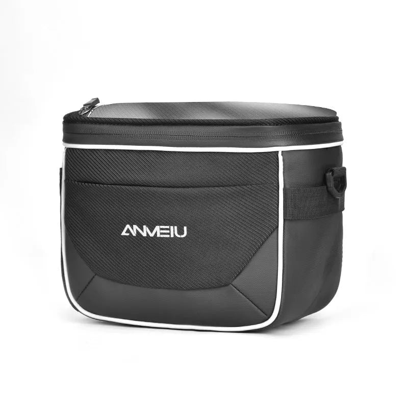 Black polyester bicycle handlebar bag with zippered closure mounted on bicycle