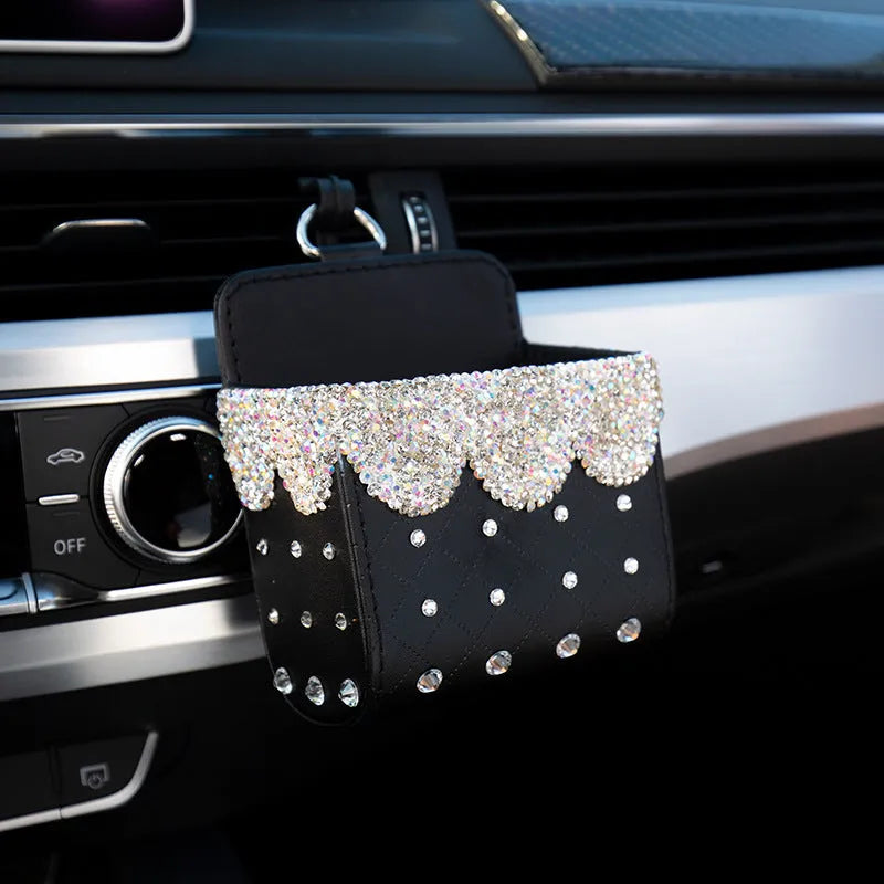 Diamond-studded leather car storage box with handmade Czech rhinestones in white colour