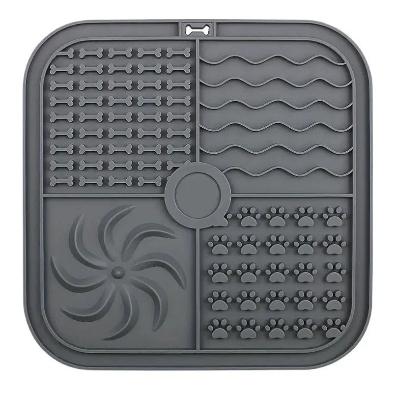 Bottom suction cup non-slip silicone pet slow food mat in gray, with suction cups visible underneath