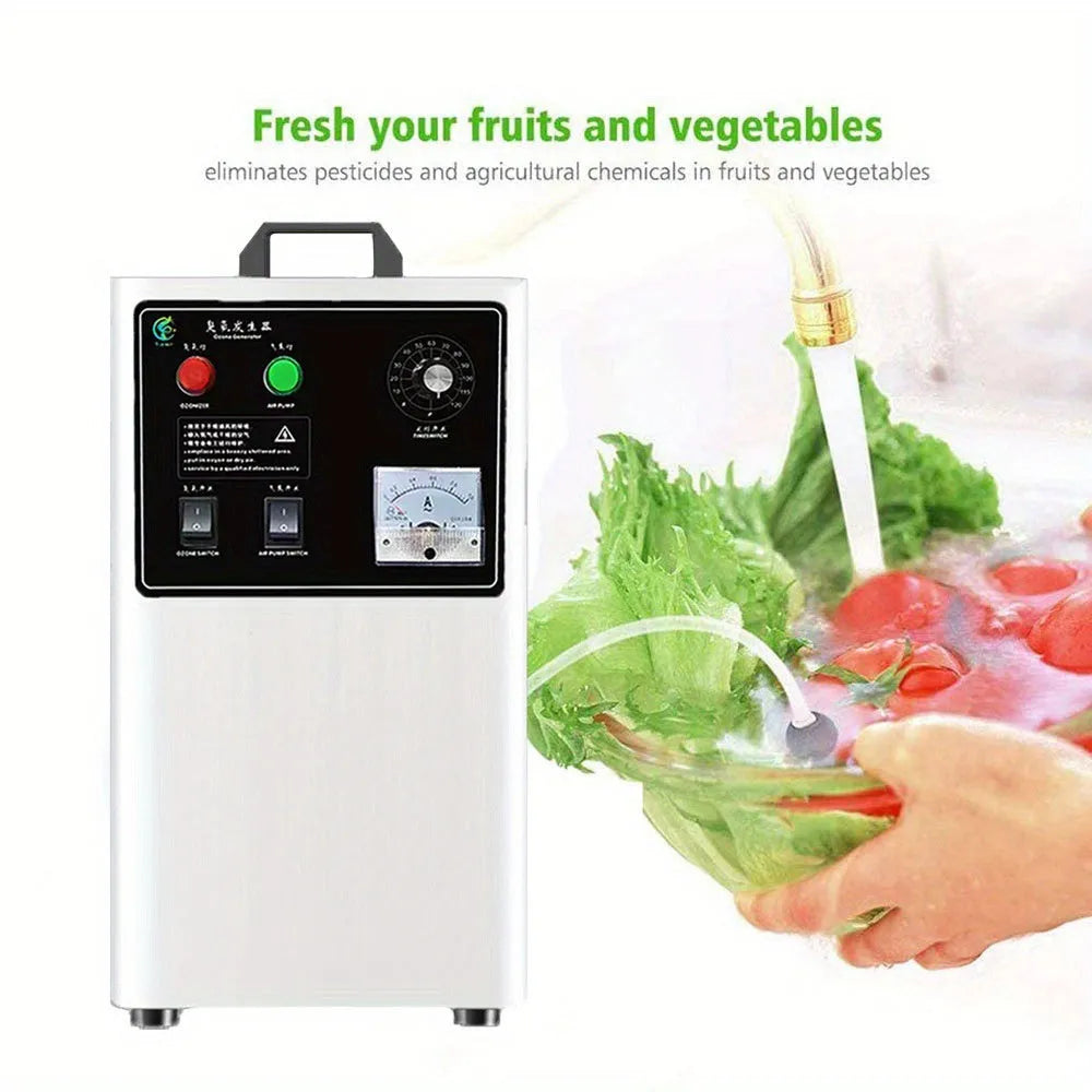 Countertop ozone generator for cleaning fruit and vegetables in stainless steel or white finish.