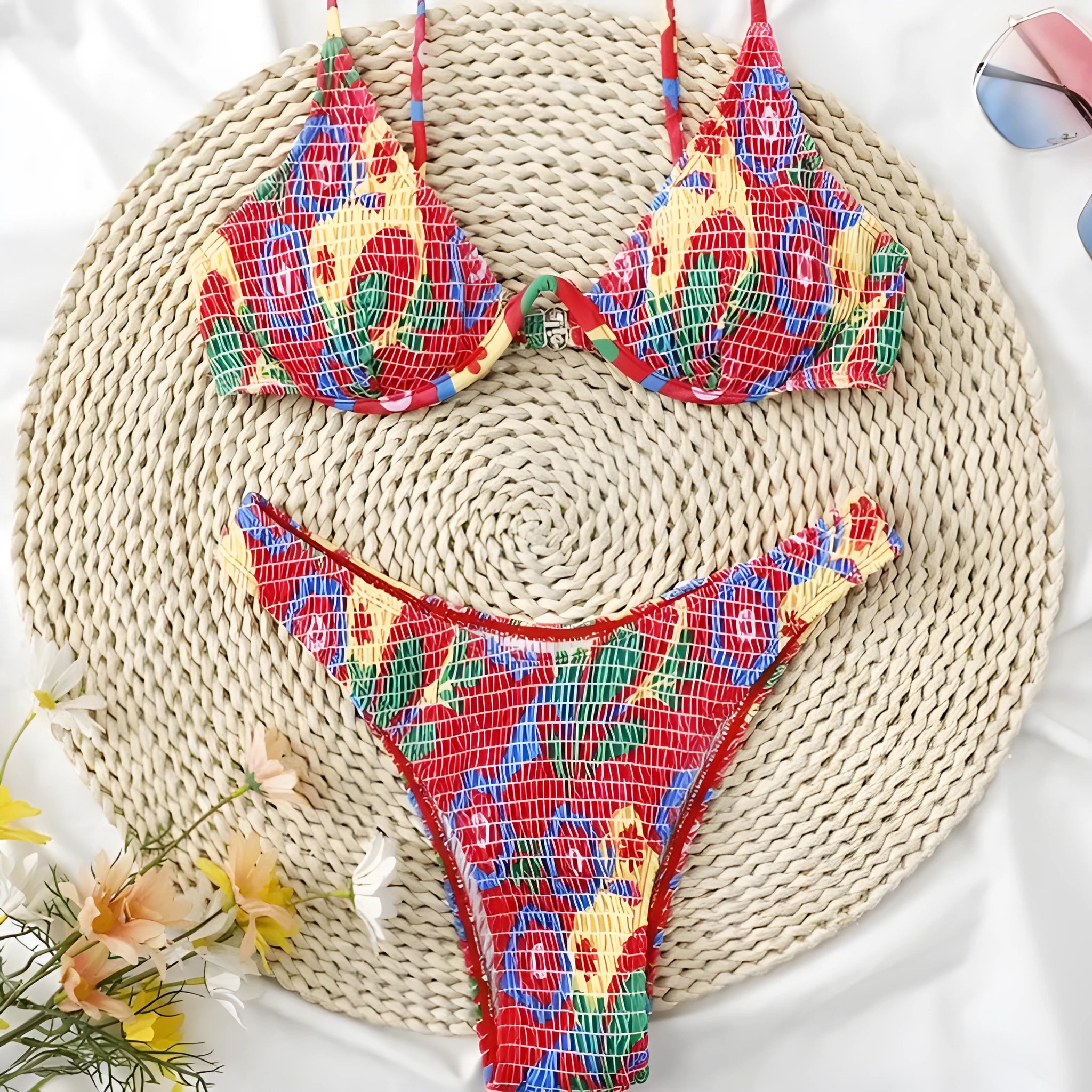 Red floral print women's underwire bikini top and briefs on a mannequin.