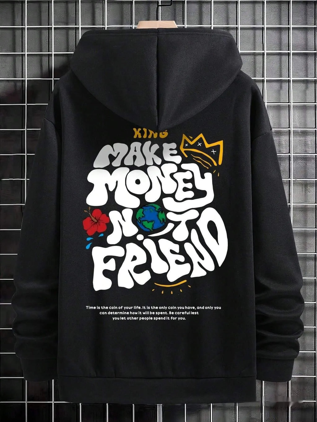 Black Harajuku printed polyester fibre hooded sweatshirt with sizes XS to XXXL