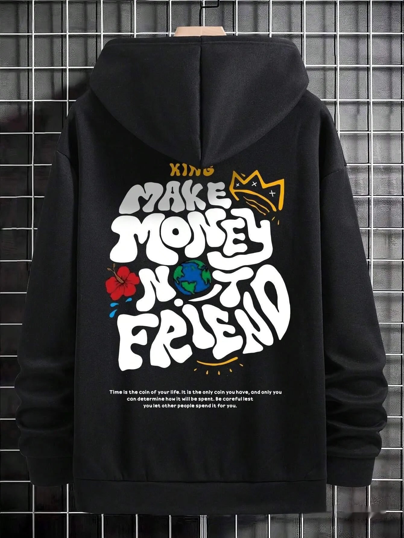 Black Harajuku printed polyester fibre hooded sweatshirt with sizes XS to XXXL