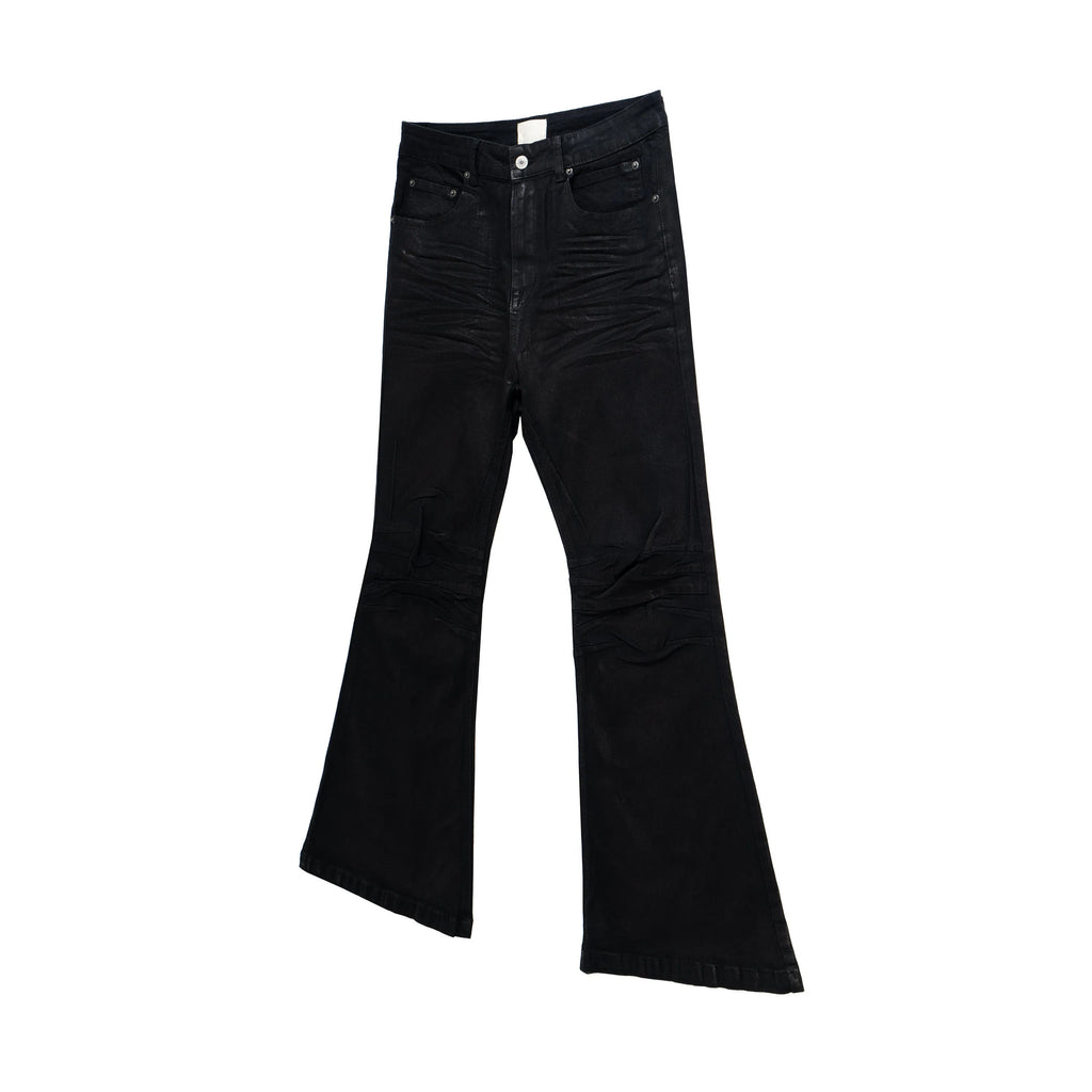 Retro black wax coating washed loose fit men's jeans with mid waist and zip fly