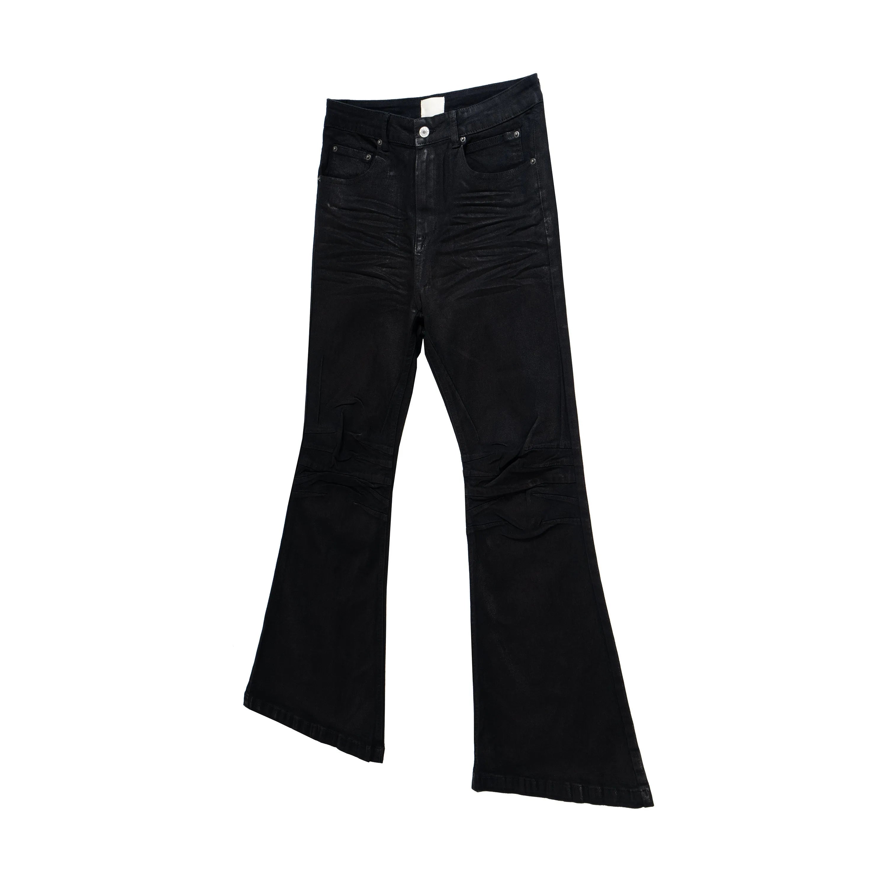 Retro black wax coating washed loose fit men's jeans with mid waist and zip fly