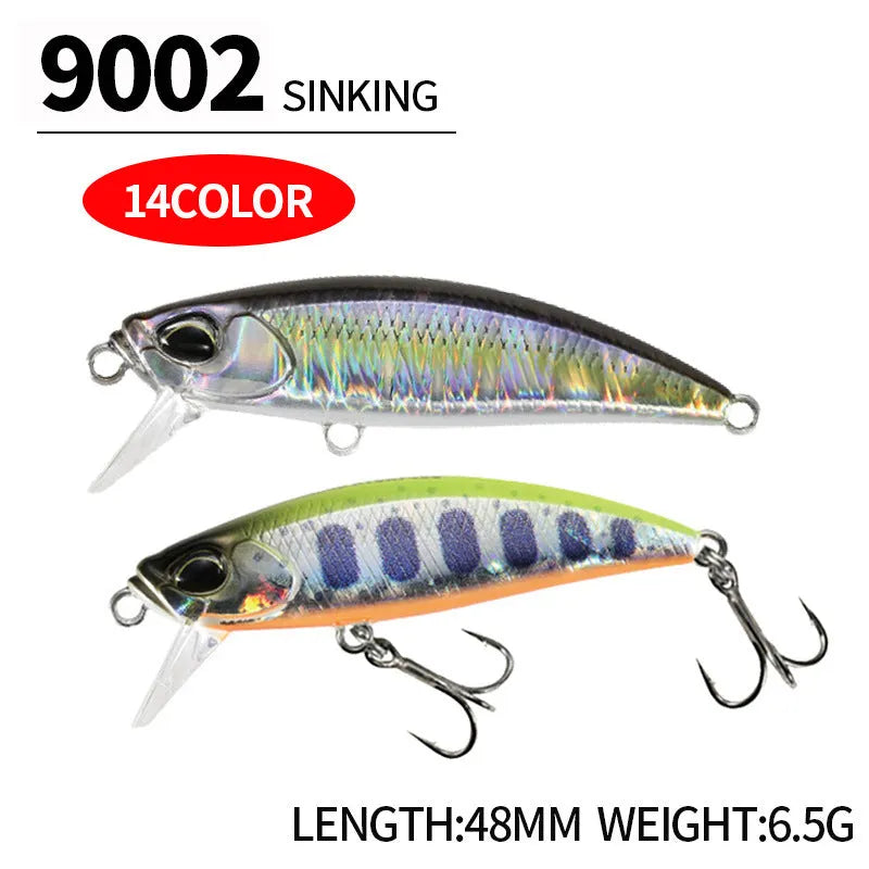 Tossing Japanese Submerged Mino hard fishing lure in multiple colours, showing 48mm size and detailed minnow shape.
