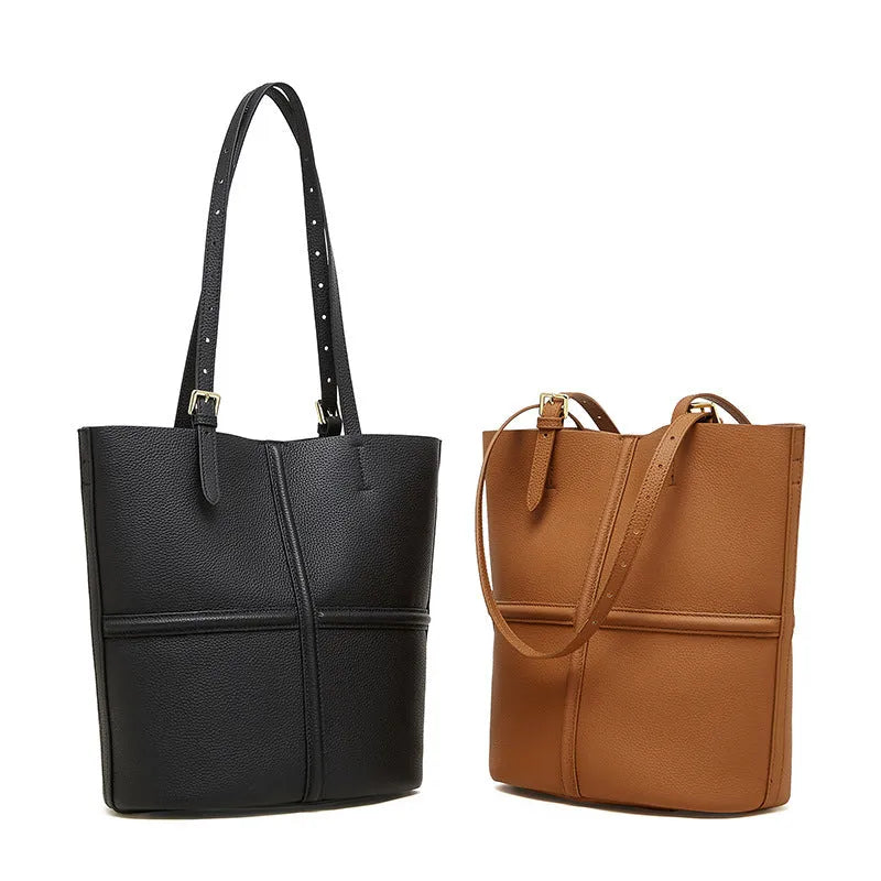 First layer cowhide bucket crossbody bag in black or golden brown, 26cm x 15cm x 29cm, open pocket, polyester cotton lining.