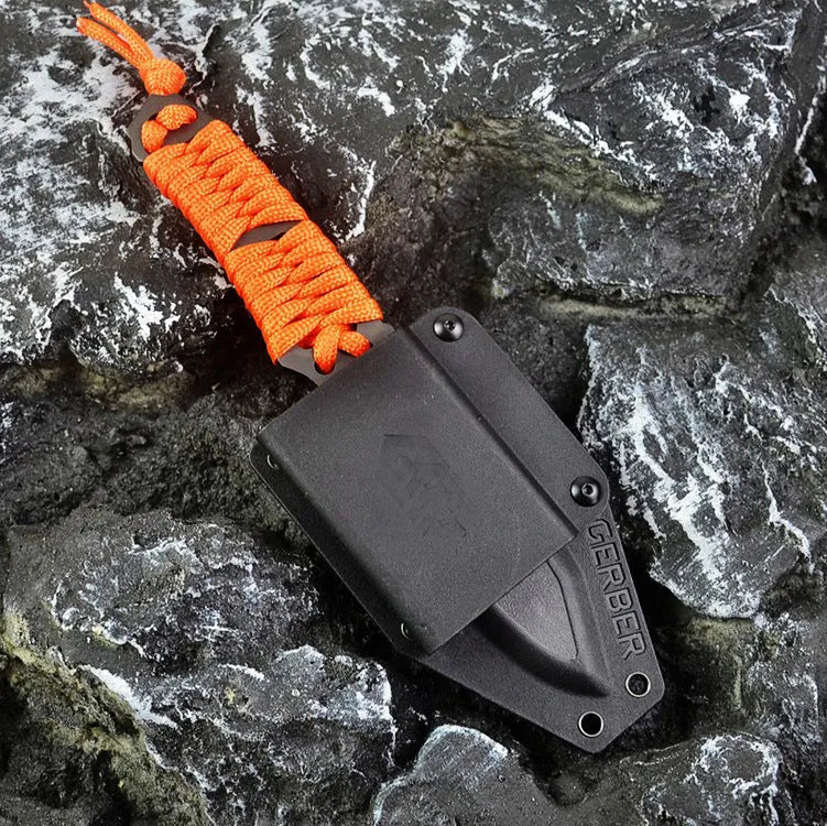Multi-function survival knife with 80mm blade, binding rope handle and ABS sheath