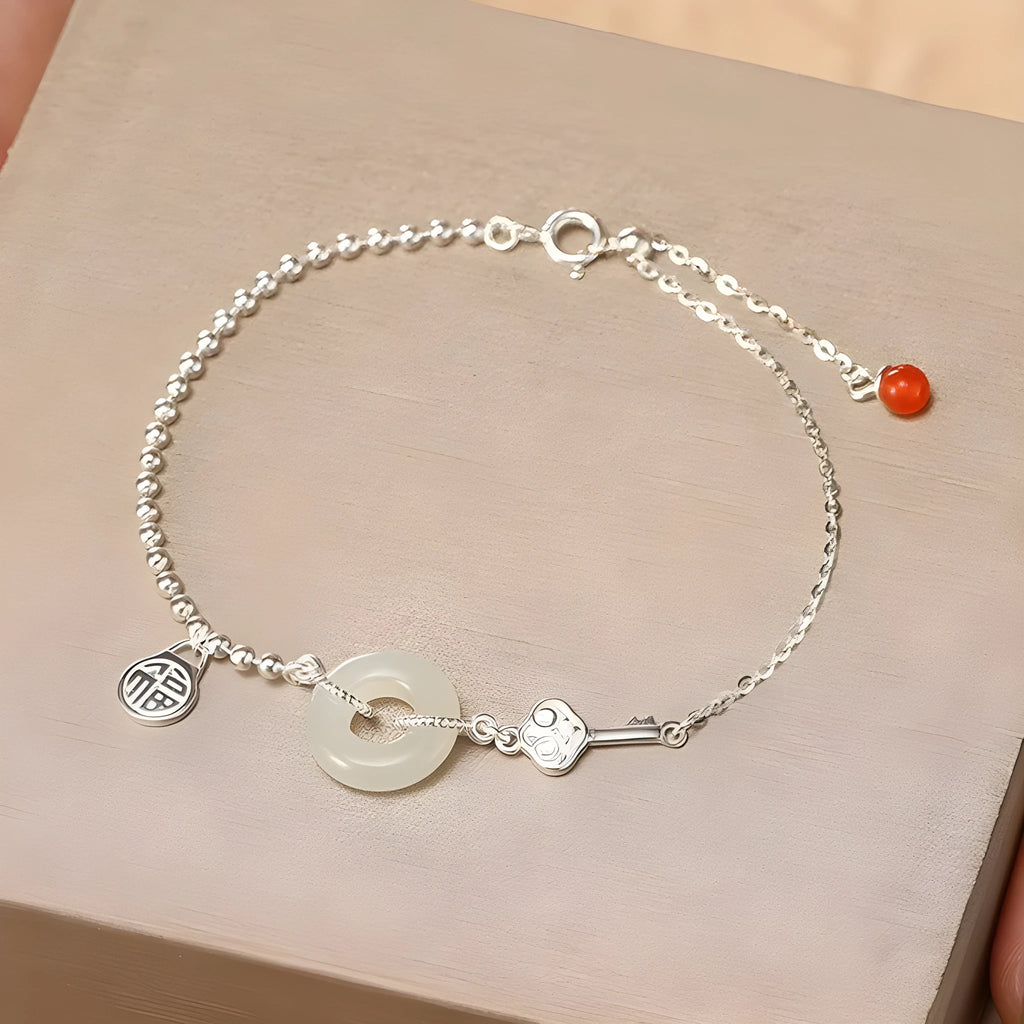 Women's 925 silver Hetian jade bracelet with Chinese style Ruyi Xiaofu geometric design