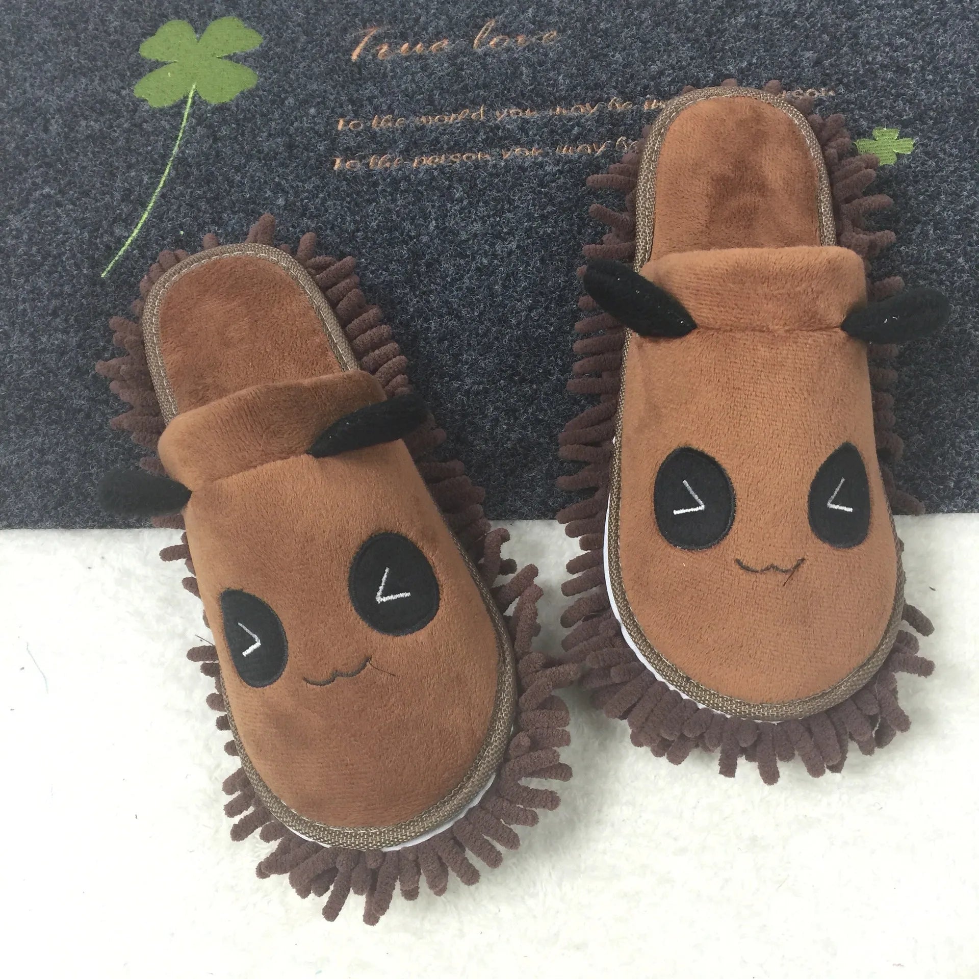 Brown panda slippers with removable plush covers and chenille soles