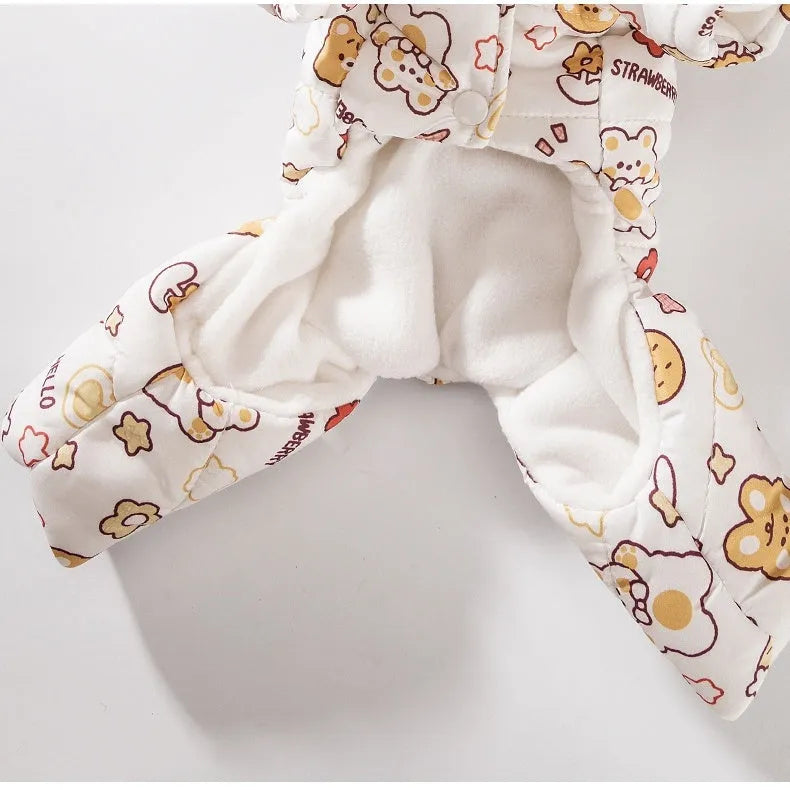 Yellow quilted cotton four-legged dog coat with sherpa hood and bear print on white background