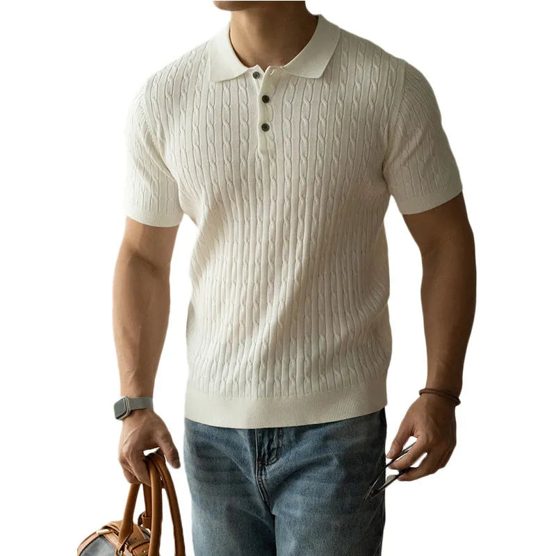 Men's khaki short sleeve business commute top made from polyester nylon acrylic wool blend