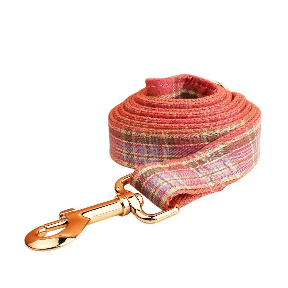 Plaid pattern dog collar and matching leash set with band and bow vest components