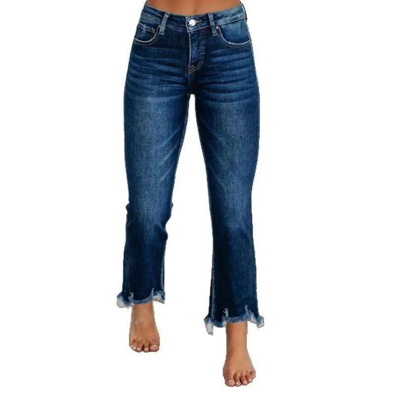 Women's solid colour denim pants with a hand-worn finish in dark blue and light blue.