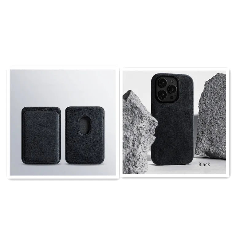 Dark green suede phone case with embossed texture and magnetic back for iPhone