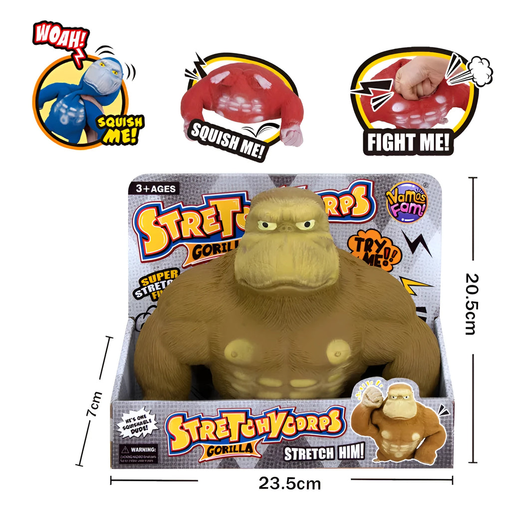 Orangutan decompression squeeze toy in plastic, shown in yellow, blue, and red colour options