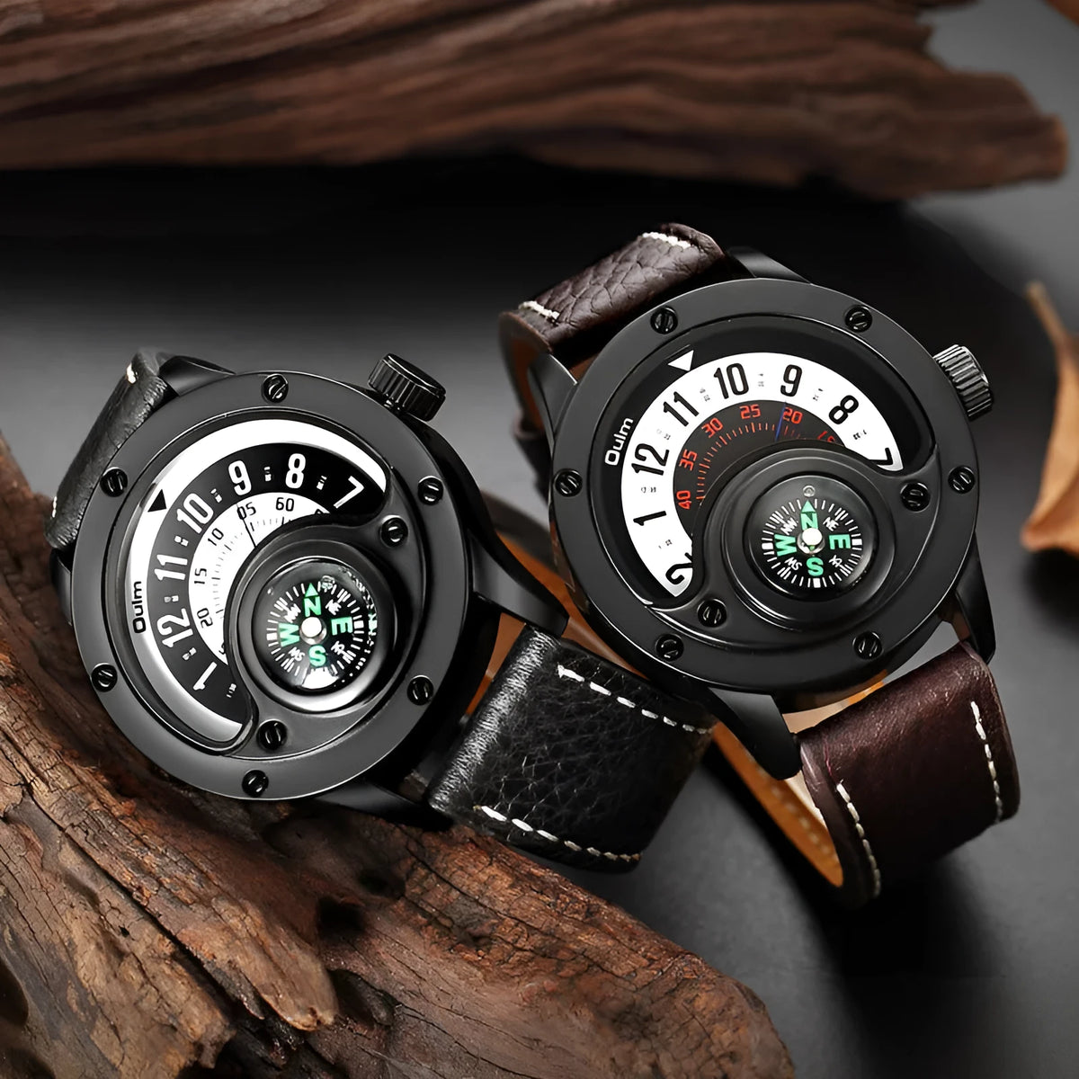 Men's quartz watch with decorative compass, black leather strap, 50mm round dial, 30M waterproof