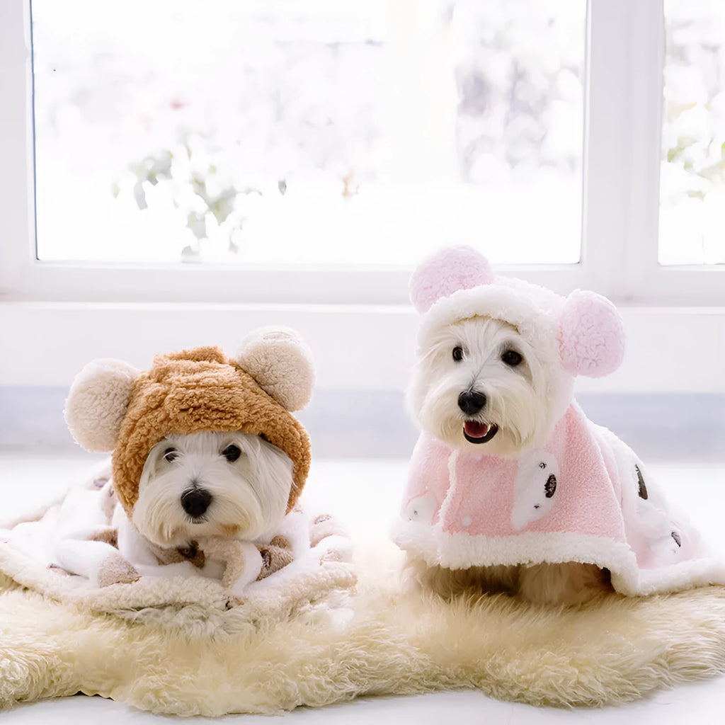 Coral fleece dog cloak robe warm bear cape in brown or pink, sizes S M L for small dogs