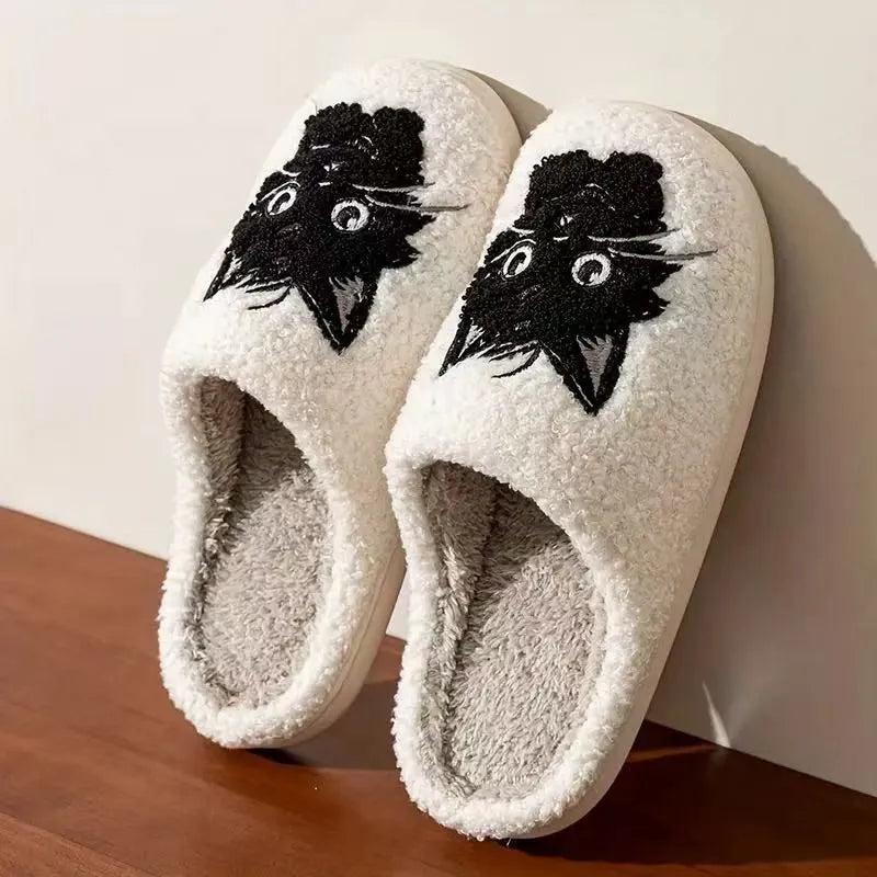 White cartoon cat couple cotton slippers with plush construction and non-slip TPR soles