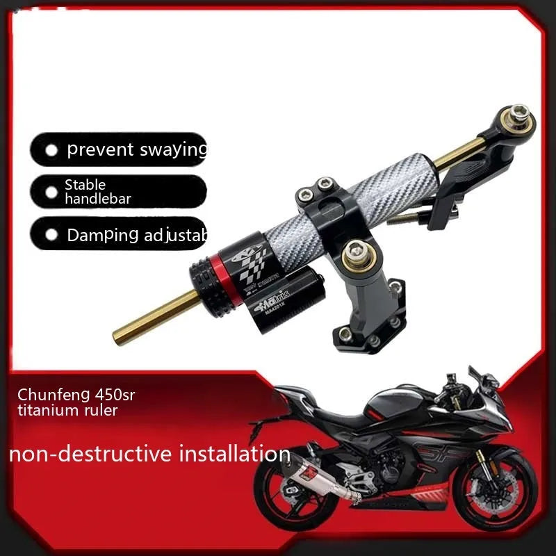Titanium adjustable damper bracket for CFMoto 450SR motorcycle in black carbon fibre finish
