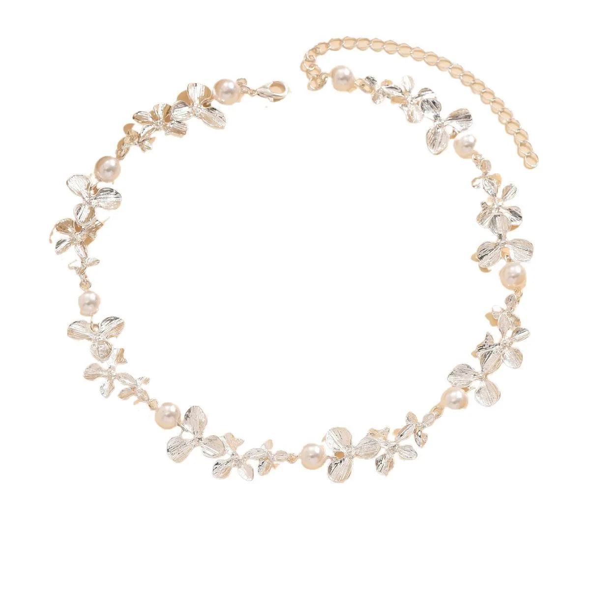 Bright silver alloy flower pearl curved needle clavicle necklace on neutral background