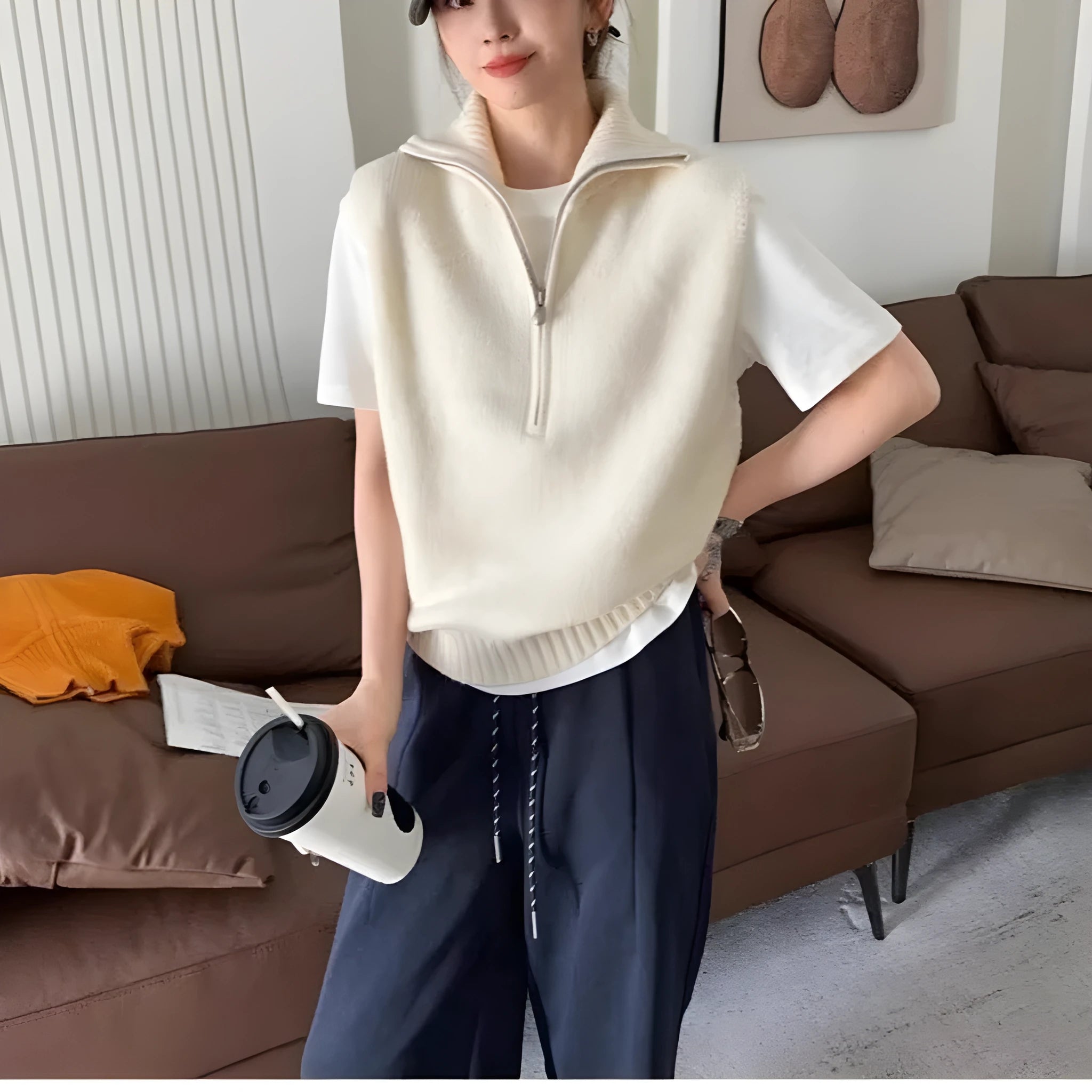 Retro half zip sleeveless knit vest with 3D pattern in polyester mesh fabric
