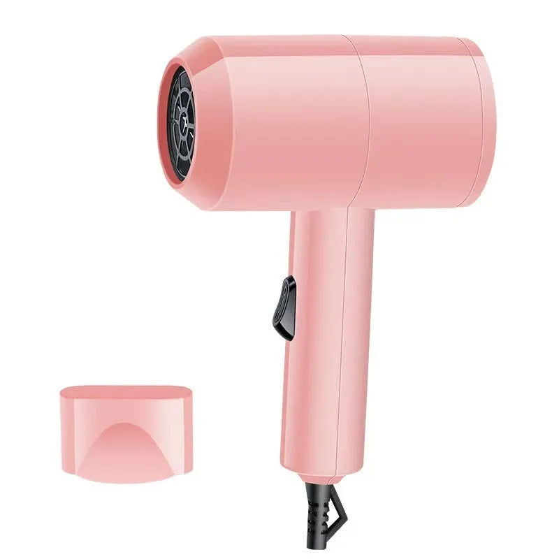High-power negative ion hair dryer with brushless motor, foldable handle, blue light, and overheat protection in white ABS shell