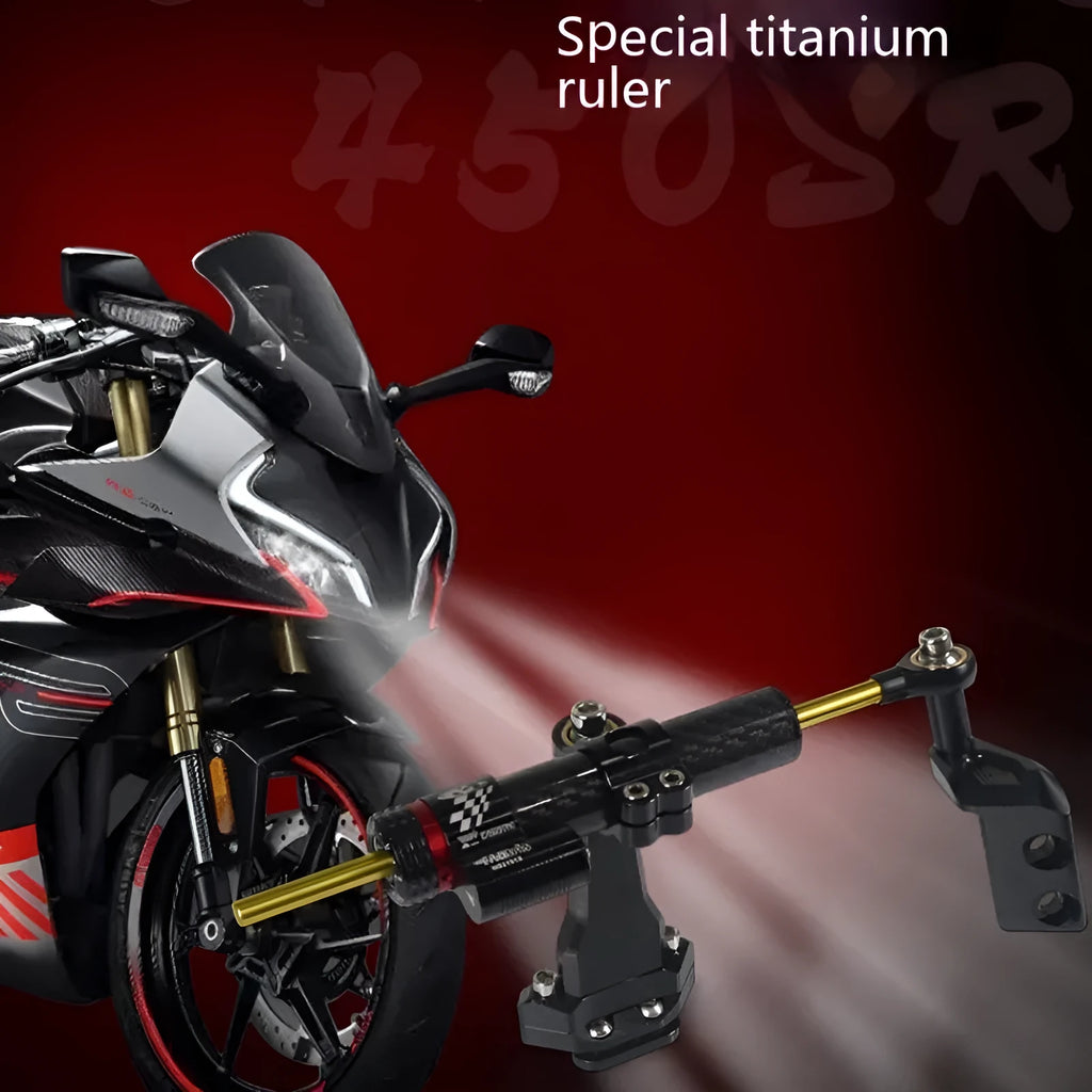 Titanium adjustable damper bracket for CFMoto 450SR motorcycle in black carbon fibre finish
