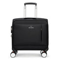 Black 18-inch Oxford cloth carry-on suitcase with retractable handle and four spinner wheels on a neutral background.