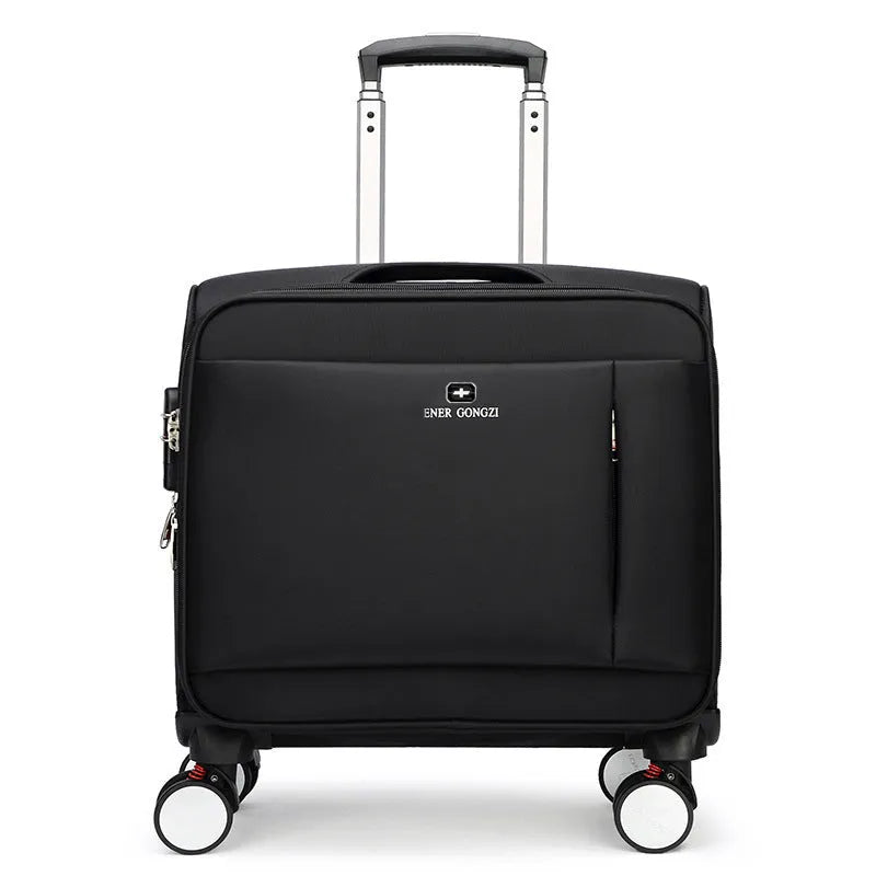 Black 18-inch Oxford cloth carry-on suitcase with retractable handle and four spinner wheels on a neutral background.