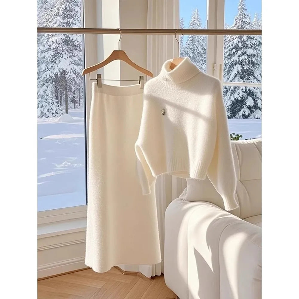 White knitted sweater skirt suit with long sleeve top and long skirt for women, sizes S-3XL.