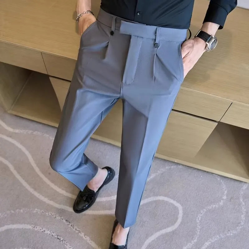 High waist straight double pleated casual suit pants in black and gray, polyester fibre, women size 28-38