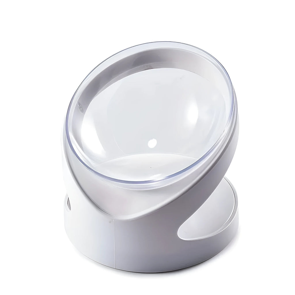 White plastic elevated cat food bowl with tilted design for neck protection