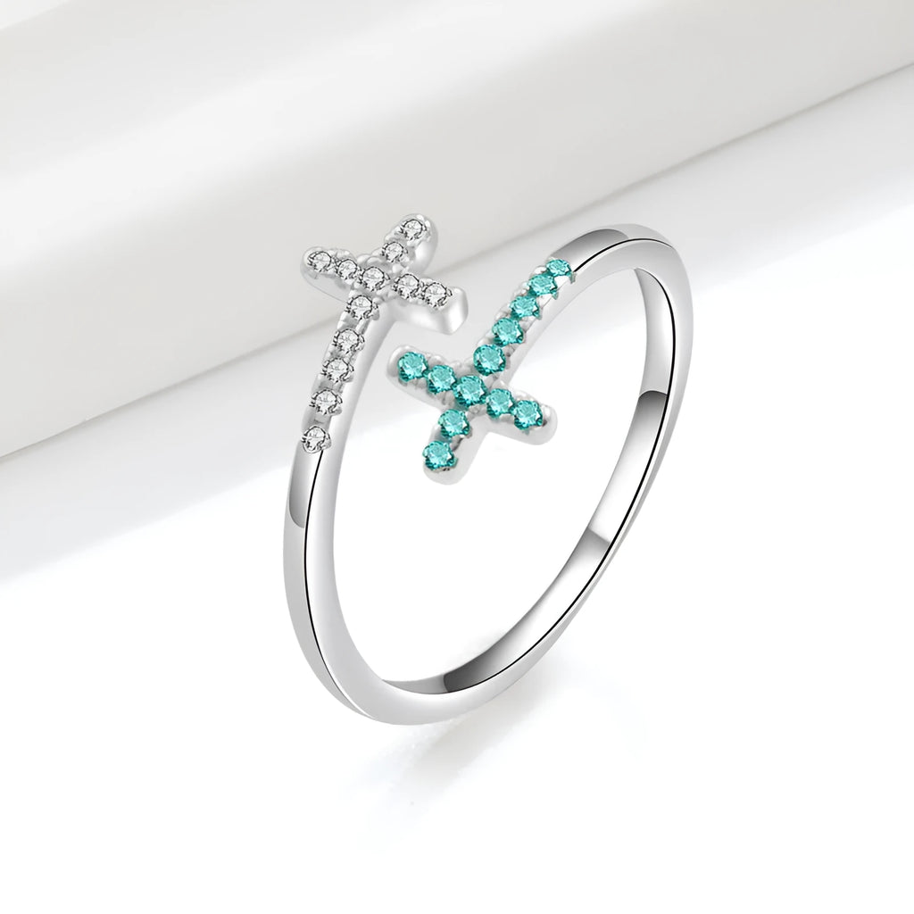 Women's cross open zircon ring in white gold colour on copper base with adjustable size