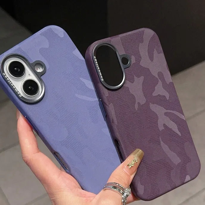 Camouflage leather mobile phone protective cover with magnetic suction and shockproof for iPhone 15 Pro Max
