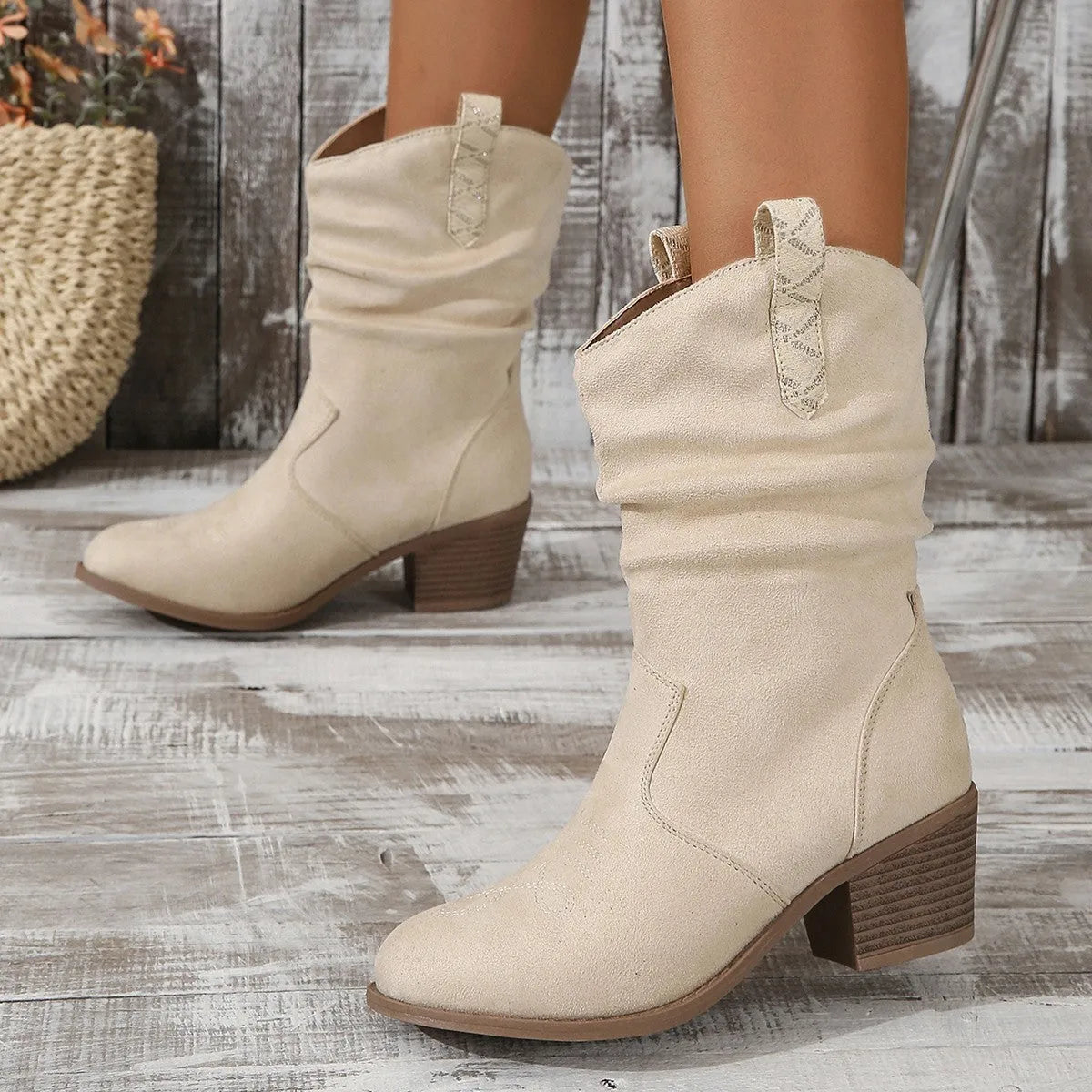 Plus size women's middle-calf boots in milky white with 3-5 cm mid heel and suede upper