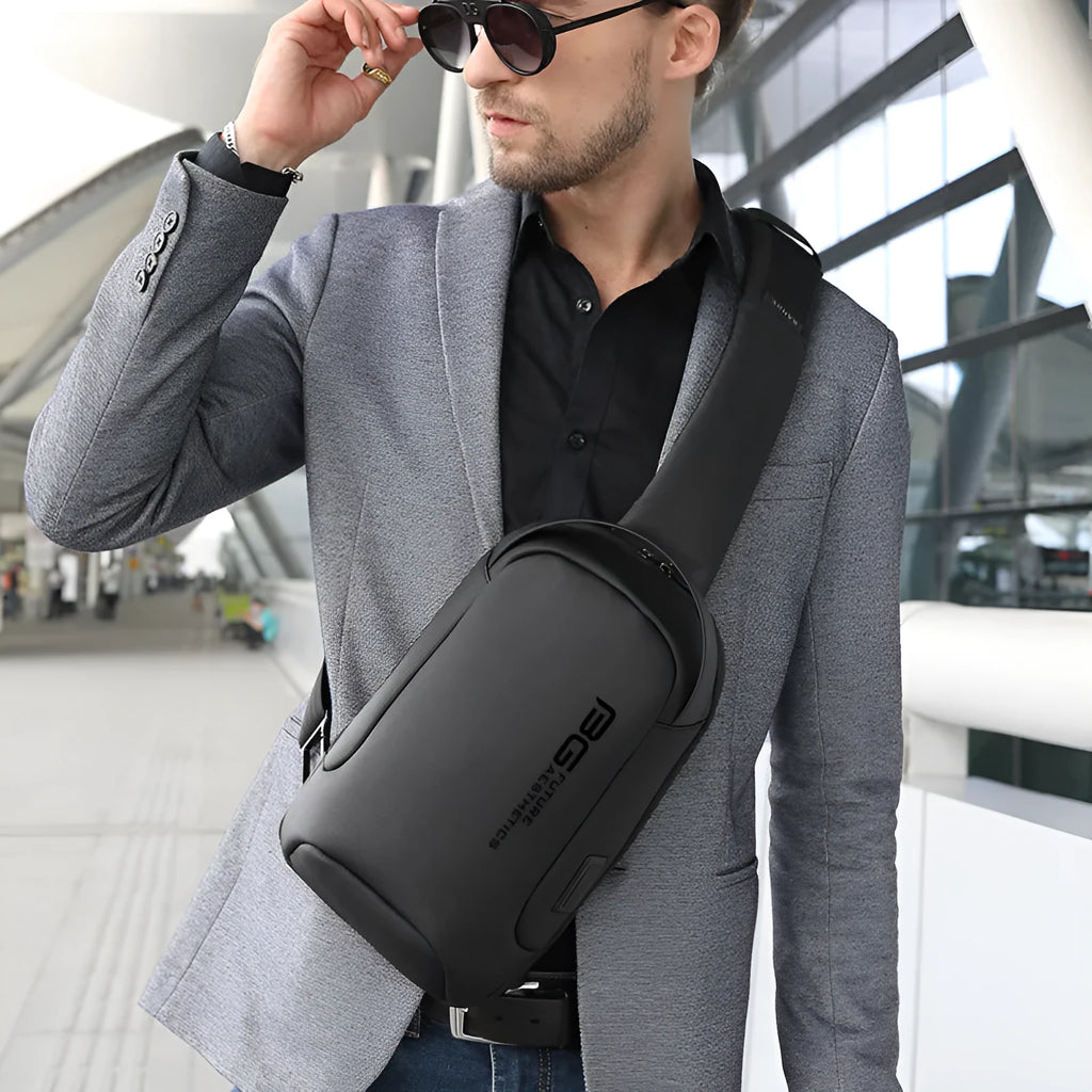 Men's Oxford cloth shoulder bag with USB charging in black, blue, dark grey, or camouflage for business travel