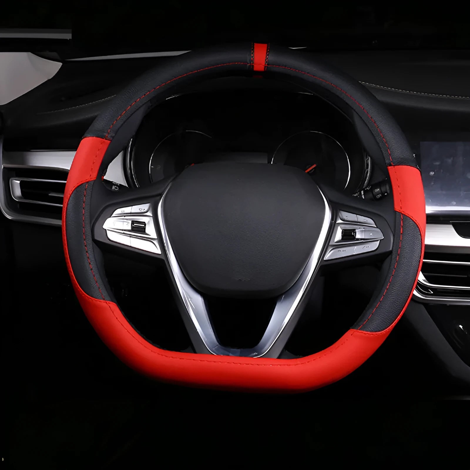 Genuine leather universal steering wheel cover in red, shown on a 38cm car steering wheel.