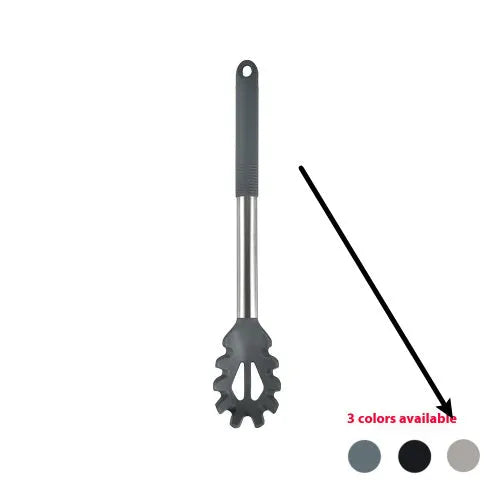 12-piece black silicone kitchen utensil set including spatula, spoon, and claw tools in a rotating storage bucket on a kitchen counter.