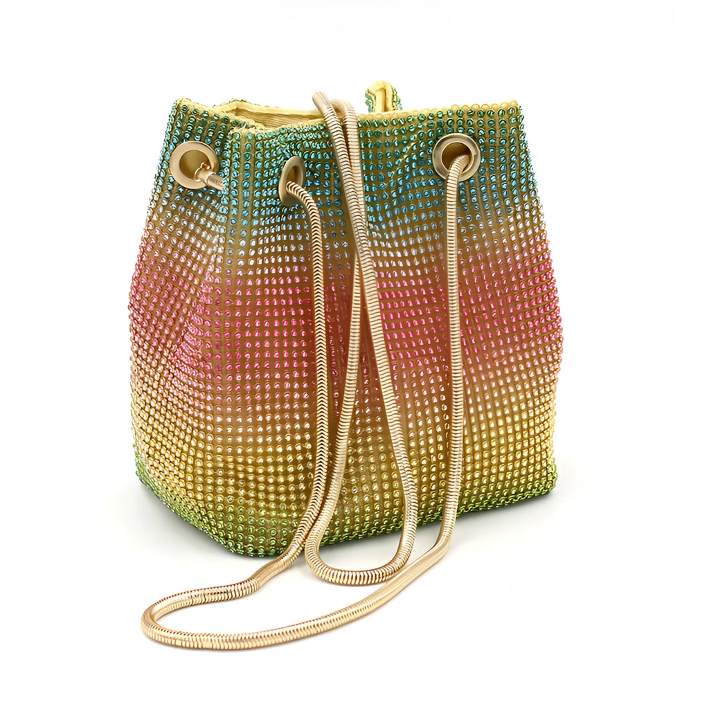 Soft rainbow-coloured rhinestone bucket bag with a flexible structure and classic shape.