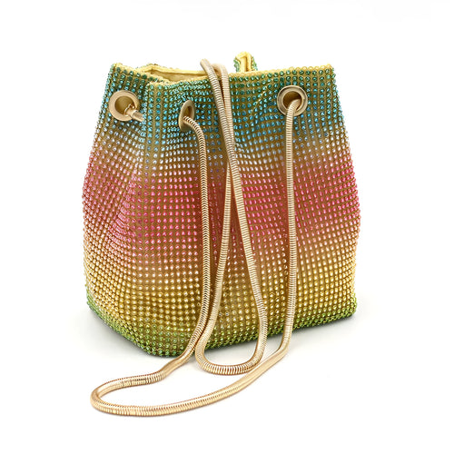 Soft rainbow-coloured rhinestone bucket bag with a flexible structure and classic shape.